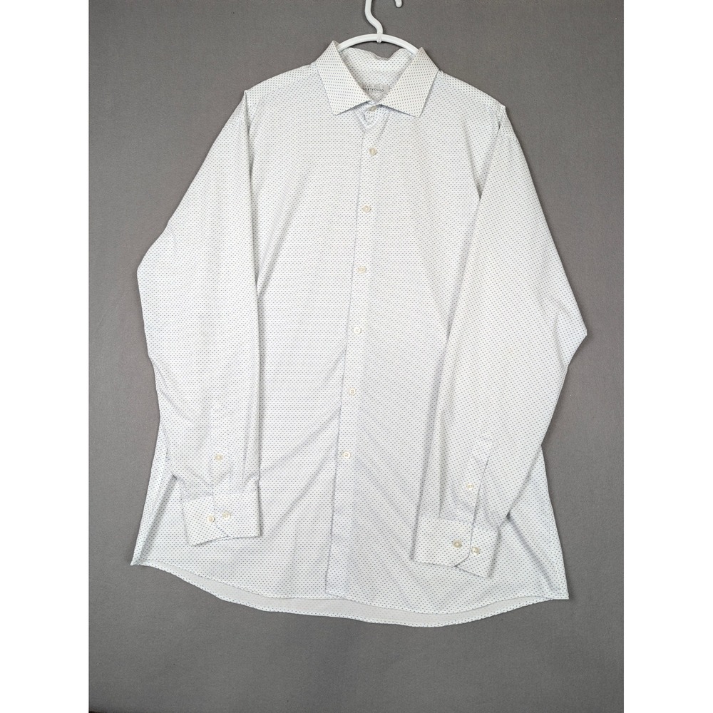 Perry Ellis Portfolio Mens Dress Shirt 17 34/35 White Blue Geometric Stretch L/S